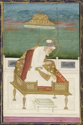 Imperador Aurangzeb; reverso: painel caligráfico, álbum destacado folio com pintura, 1619