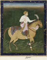 Retrato Equestre de Jahangir, álbum destacado com pintura, c.1900