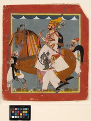 Raja Bhim Singh equestre com narguilé e servos, c.1820 (opaco w - c, ouro e prata no papel)
