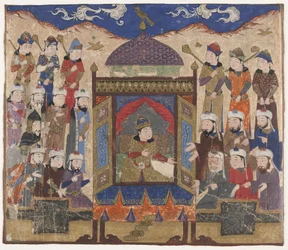 Fólio de um Shahnama (Livro dos Reis) de Firdawsi (d.1020); Kay Khusraw Parwez sentado no Takht-i Taqdis, possivelmente Índia, c.1425-50 (aguarela opaca e ouro sobre papel)