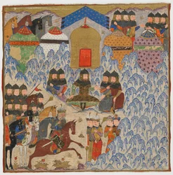 Fólio de um Shahnama (Livro dos Reis) de Firdawsi (d.1020); Rustam Encamped, possivelmente India, c.1425-50 (aquarela opaca e ouro sobre papel)