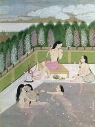 Raparigas a banhar-se, estilo Pahari, escola de Kangra, Himachal Pradesh, século XVIII