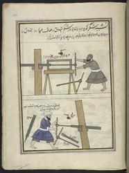 Armeiros perfurando um cano de arma,  86 desenhos encadernados em um volume representando ofícios e ocupações na Caxemira, artesãos são mostrados trabalhando com seus implementos e equipamentos,  Por um artista da Caxemira, provavelmente em Srinagar, c.185