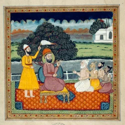 Guru Nanak, o fundador da religião Sikh, em disputa com os santos hindus