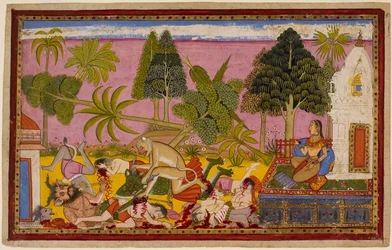 Hanumān ataca os demónios, destrói o jardim de recreio e derrota as forças de Rāvaṇa enquanto Sītā observa. 1653