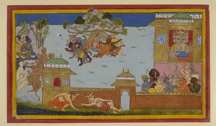 Hanumān afasta os demónios; Rāma e Rāvaṇa observam