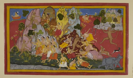 Hanumān luta contra os gandharvas e arranca uma montanha para obter ervas curativas
