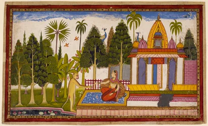 Hanumān revela-se a Sītā, oferecendo-se para a salvar, mas ela insiste que só Rāma o pode fazer, dando-lhe uma joia para Rāma. 1653 (miniatura)