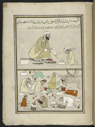 Professor hindu com alunos,  86 desenhos encadernados em um volume representando ofícios e ocupações na Caxemira, artesãos são mostrados trabalhando com seus implementos e equipamentos,  Por um artista da Caxemira, provavelmente em Srinagar, c.1850-60 (gua