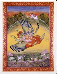 Hinduísmo: representação da ave Garuda transportando Vishnu, uma grande divindade hindu, e a sua esposa Lakhmi