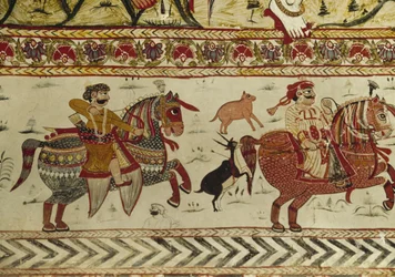 Cena de caça, templo Laxminarayan, Orchha, Madhya Pradesh, Índia (fresco)