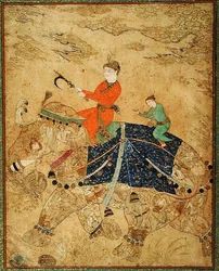 Para dentro. 11.37r Um príncipe monta um elefante, c.1600 (vellum)