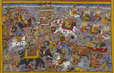 Indra combate Ravana, que monta a carruagem Pushpaka, a partir do seu elefante Airavata
