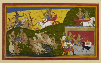 Indrajit luta enquanto Rāma lamenta a morte de Sītā, confortado por Lakṣmaṇa e Vibhīṣaṇa