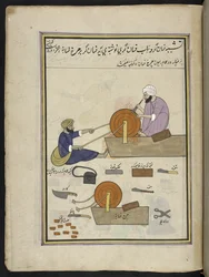 Amoladores de facas,  86 desenhos encadernados em um volume representando ofícios e ocupações na Caxemira, artesãos são mostrados trabalhando com seus implementos e equipamentos,  Por um artista da Caxemira, provavelmente em Srinagar, c.1850-60 (guache sob