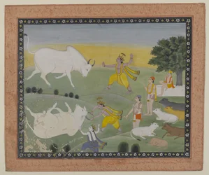 Krishna derrotando o Demônio Touro (aquarela sobre papel)