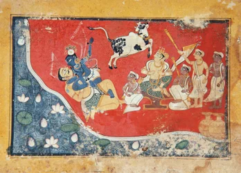 Krishna derrota um demônio ao lado de um rio, c.1560 (wc opaco no papel)