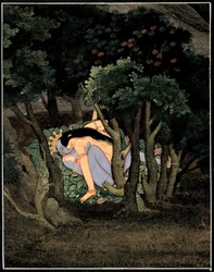 Krishna enlace par Radha (Krishna abraçado por Radha) - arte indiana, guache sobre papel, por volta de 1775