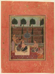 Senhoras em um terraço, Mughal Style, c.1700-10 (wc em papel com flocos de ouro)