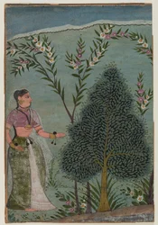 Senhora no deserto, fragmento de uma página de uma série Bhagavata Purana, c.1590-1600 (wc e ouro sobre papel)