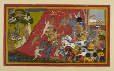 Lakṣmaṇa, Hanumān e Vibhīṣaṇa atacam Indrajit; a notícia chega a Rāma