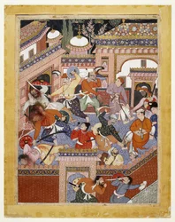 Liderados por Songhur Balkhi e Lulu, o Espião, os Ayyars cortam as gargantas dos Guardas Prisioneiros e o Livre Disse Farrukh-Nizhad, 1557-1572 (aquarela opaca e ouro em tecido de algodão)