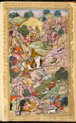 Caça ao Imperador Babur, entre Ali Shang e Alangar, na região de Cabul (Afeganistão). Miniatura do manuscrito persa Vaqi at i Baburi, Memórias do Imperador Mongol Babur (Zahir ud din Muhammad) (1483-1530), Índia, ca. 1590 The British Libra