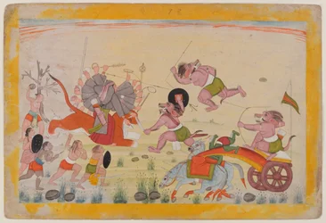 Mahasura ataca o Devi, folio de uma série dispersa de Devi Mahatmya, c.1770-80 (wc no papel)