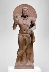 Maitreya, um futuro Buda, cultura Ramnagar, de Ahichatra, Uttar Pradesh, 200 dC (arenito vermelho)