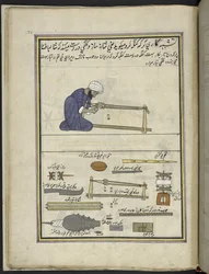 Homem fazendo pentes para teares,  86 desenhos encadernados em um volume representando ofícios e ocupações na Caxemira, artesãos são mostrados trabalhando com seus implementos e equipamentos,  Por um artista da Caxemira, provavelmente em Srinagar, c.1850-6