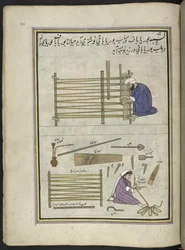 Fabricante de tapetes de palhetas divididas e a sua mulher fazendo tapetes, 86 desenhos encadernados num volume representando ofícios e profissões em Caxemira, Os artesãos são mostrados no trabalho com os seus utensílios e equipamento, Por um artista de Ca