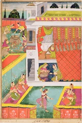 Pintura em miniatura comemorando o nascimento de uma criança, possivelmente Aurangabad, Deccan (cores minerais opacas em papel amarelo)