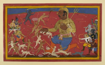 Os macacos e os deuses atacam Kumbhakarṇa