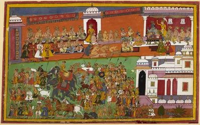 Macacos, ursos e outros juntam-se quando Rāma parte, com assistentes que transportam o fogo do sacrifício