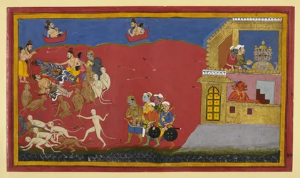 Os macacos confundem Vibhīṣaṇa com Indrajit; Nārada elogia Nārāyaṇa enquanto Rāvaṇa janta