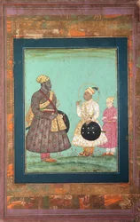 Murtaza Nizam Shah com um vizir negro, possivelmente Malik Ambar, e um homem mais jovem, cerca de 1680