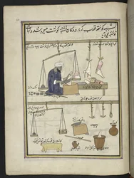 Açougueiro de carneiro,  86 desenhos encadernados em um volume representando ofícios e ocupações na Caxemira, artesãos são mostrados trabalhando com seus implementos e equipamentos,  Por um artista da Caxemira, provavelmente em Srinagar, c.1850-60 (guache 