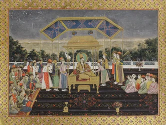 Nadir Shah no trono do pavão após a sua derrota de Muhammad Shah, c. 1850