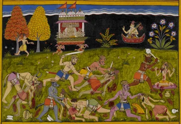 Nārada insta Rāvaṇa a desafiar Yama em vez dos mortais, enquanto os demónios assolam os rishis da floresta