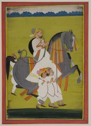Retrato de Thakur Surtan Singh de Nimbaj, a cavalo com os atendentes a pé, 1820 (guache em papel indiano)