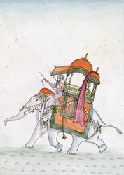 Retrato, de, um, homem, montando, um, elefante, cedo, 19o século, (wc, ligado, paper)