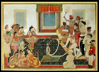 Príncipe Mahadaji Sindhia entretendo um oficial do exército britânico e um oficial naval a um holandês, c.1820 (guache em papel)