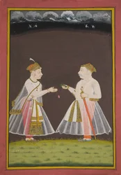 Provavelmente um retrato de Rana Raj Singh de Udaipur (1661-81) oferecendo pan a um nobre, 1820