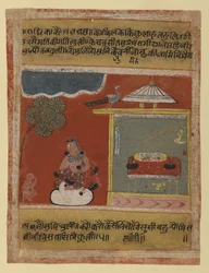 Radha ansiando por sua amada página de uma série Rasikapriya datada de 1634 (wc opaca e ouro sobre papel)