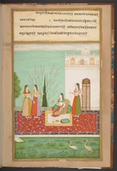 Encontro oculto de Radha [com o seu amante] através de um quadro