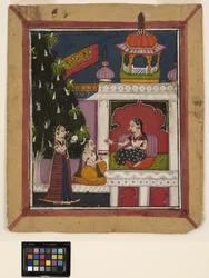? Raga: Um homem ajoelhado oferece um livro a uma senhora num pavilhão, c.1800 (aguarela opaca sobre papel)