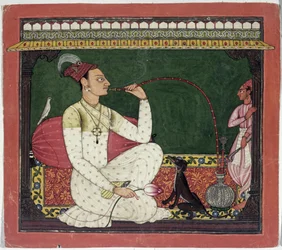 Raja Medini Pal, inscrito no verso em caracteres Takari bilauria medini pal, Basohli, Himachal Pradesh, Escola Pahari, 1735