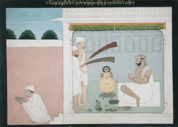 Rajah Bulwant Singh executando Puja, c.1750 (tinta e lavagem colorida sobre papel)