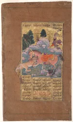 Rakhsh luta contra o leão para proteger Rustam, c.1610 (wc opaco e ouro no papel)