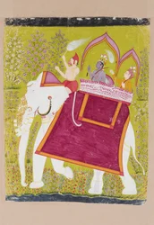 Rama e Lakshman no howdah de um elefante branco com Hanuman como mahout, final do século XVIII (wc opaco no papel)